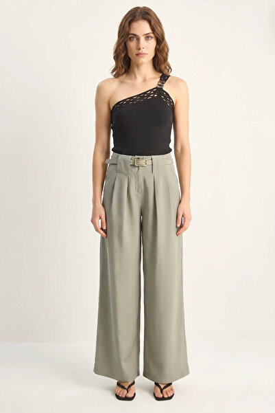 Efnaz style Women's High Waist Modal Palazzo Green Trousers with Belt Detail