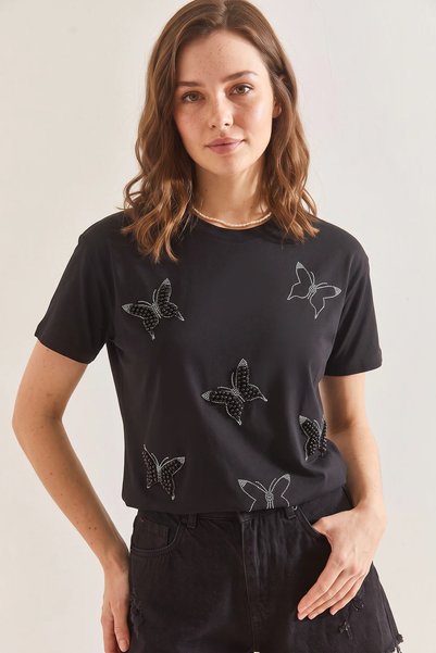 Generic Brand Tricou negru din bumbac pieptănat, brodat cu perle, pentru femei