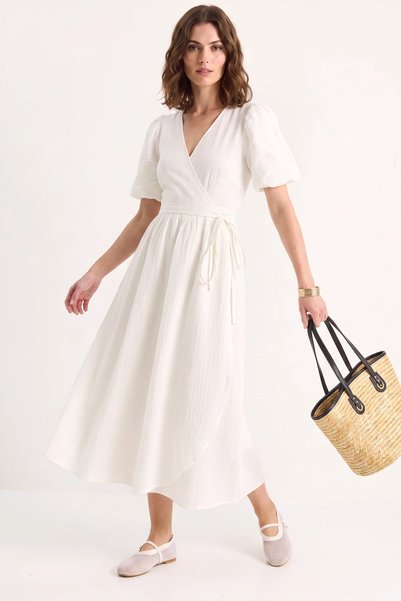 Generic Brand Rochie de damă, cu închidere la două piepturi, cu mâneci bufante, lungă, din muselină, ecru