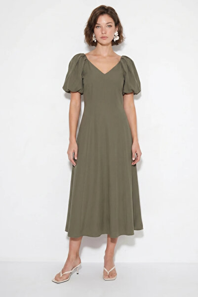 Efnaz style Women's V-Neck Waist-Fitted Balloon Sleeve Midi Modal Khaki Dress