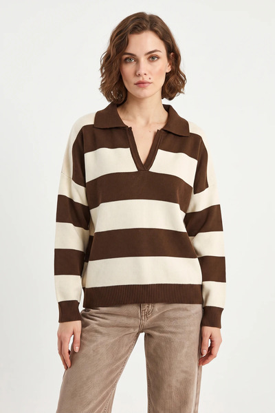 Efnaz style Women's Polo Collar Striped Knitwear Brown Cream Sweater