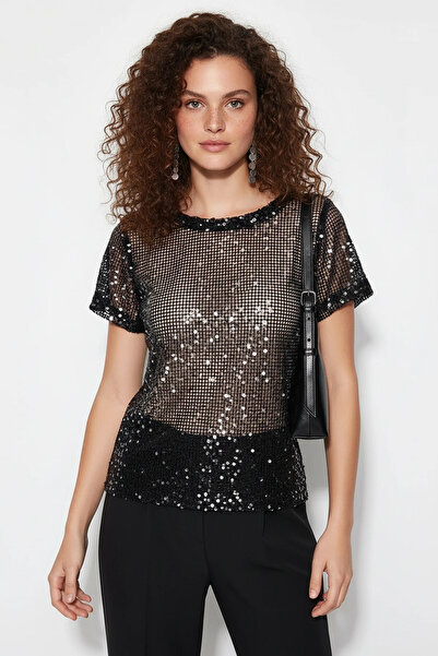 Efnaz style Women's Sequin Detailed Mesh Black Blouse