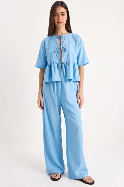 Efnaz style Women's Tie-Detail Short Sleeve Baby Blue Blouse and Pants Set
