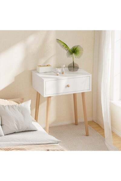 DubaiGallery Modern White Side Table with Natural Wood Legs, 40 x 30 x 55 cm,...