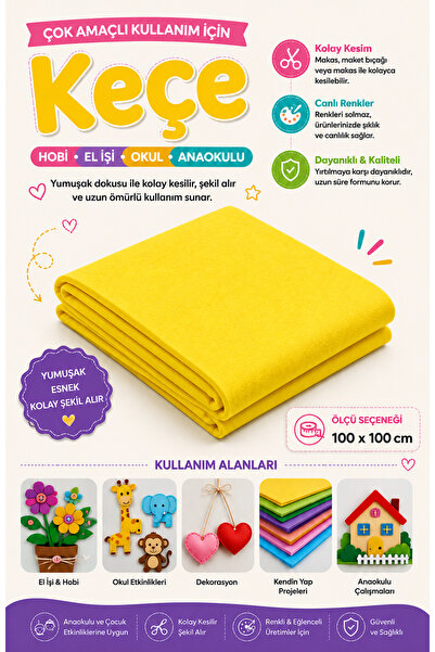 MARVA KEÇE KUMAŞ HOBI KREŞ ANAOKULU İÇİN İNCE 1mm 100cm x 100cm SARI