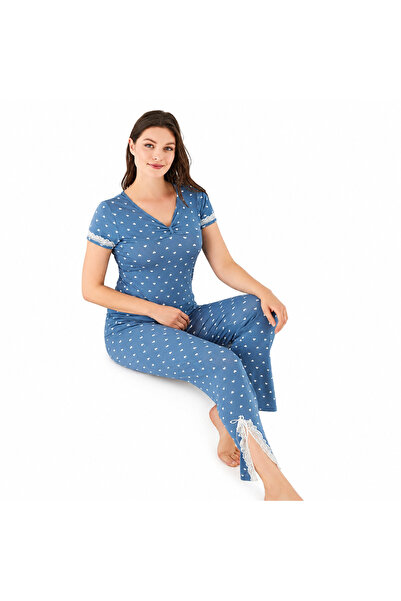 turkish Title: Women's Blue Heart Print Pajama Set with Lace Trimmed Pants