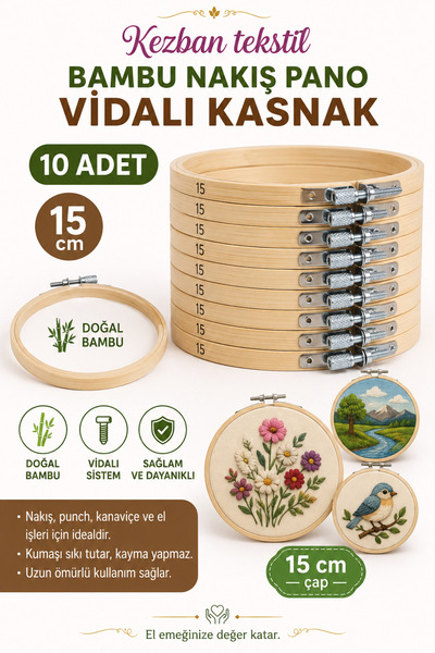 Kezban Tekstil BAMBU Ahşap Vidalı Kasnak 15 cm 10 Adet