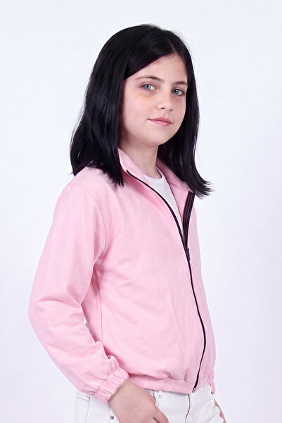 YA KO KİDS Girl's Stand Collar Zippered Basic Sweatshirt