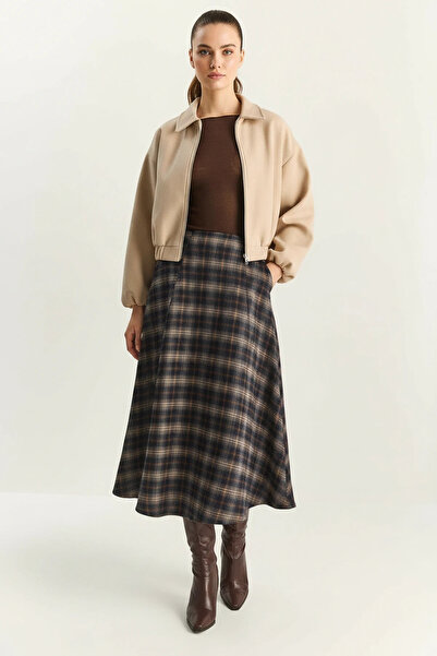 Şeker Portakalım Women's Plaid Patterned A-Line Long Beige Navy Blue Skirt wi...