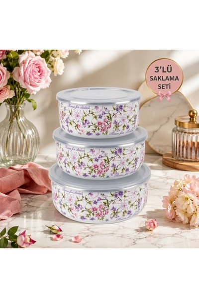 ALEV EMAYE 3’lü Emaye Saklama Kabı Seti | 700 ML - 1000 ML - 1200 ML | 14-16-...