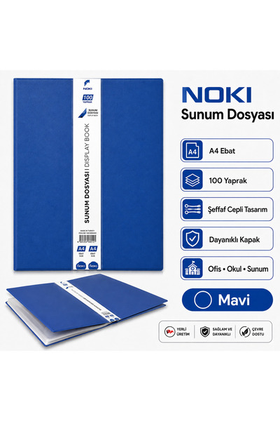 Noki PRIME Serisi A4 Sunum Dosyası 100 Yaprak Şeffaf Cepli Display Book – Mavi