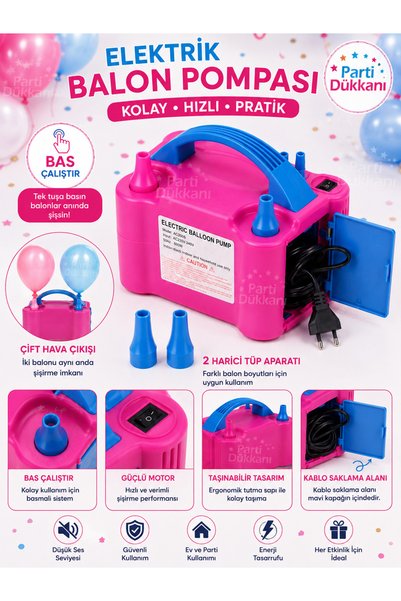 Parti Dükkanı Electric Balloon Inflator Pump with Dual Air Outlets, Push-Start, Practical Balloon Pump with 2 Tubes