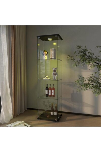 MODERN 4-Shelf Glass Display Cabinet with LED Lights, 1-Door Floor Standing C...