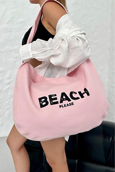 ŞENEL DAR DOKUMA Pembe Renk Beach Baskılı Kanvas Bez Çanta - Omuz Çantası- Pl...