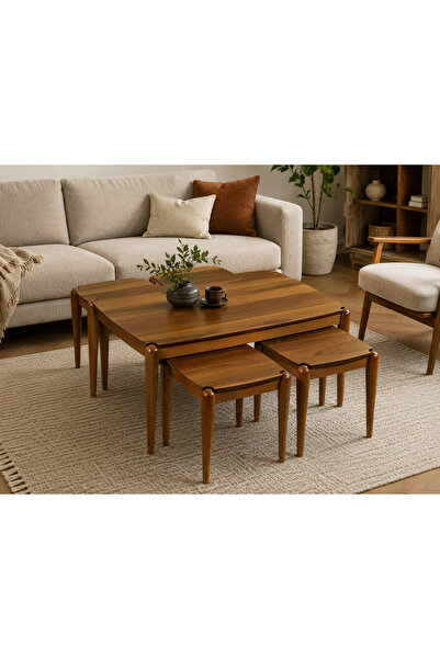 Ganni Home Peru 4+1 Sehpa Seti Ceviz – Ceviz, 1 Orta ve 4 Zigon Sehpalı Şık v...