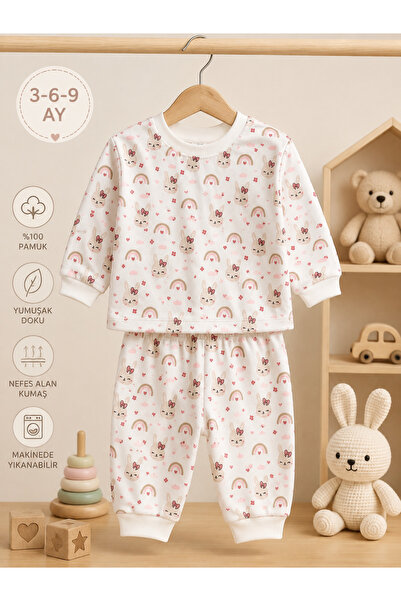 Kız Bebek 3-9 Ay %100 Pamuk 2'li Pijama Takımı | Uzun Kollu Desenli Mevsimlik Pijama Seti | Rahat Günlük Ev Giyim