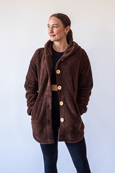 FEELAMORE Kapüşonlu Düğmeli Polar Peluş Hırka