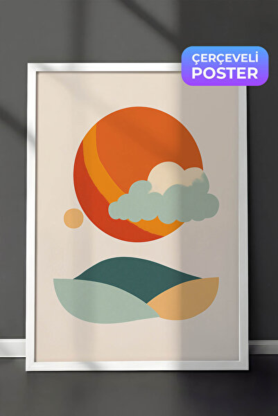 Zestia Pictură murală de artă minimalistă cu ramă albă, peisaj cu nori și dea...
