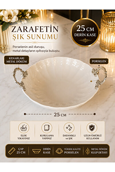 Sillage Home Porselen Bone Luz 25 cm Deep Bowl – Stylish Serving Bowl with Me...
