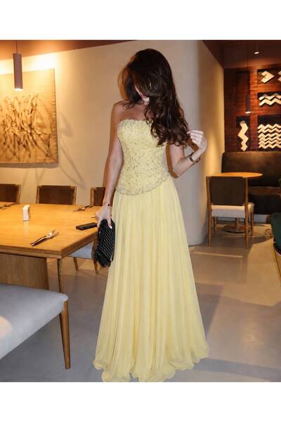 Calissa Store فستان سهرة أصفر ليموني كورسيه مرصع بالكريستال
