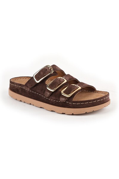 Mammamia Women's Slippers Daily Genuine Suede Leather Three-Stripe Metal Buck...