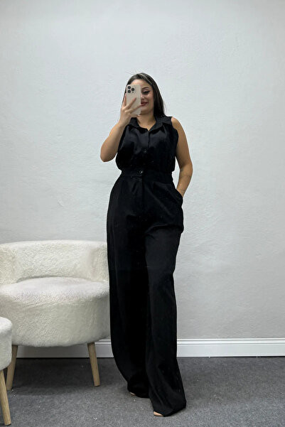 BELENDİR Kadın Drape Detaylı Gömlek Yaka Double Tulum Siyah