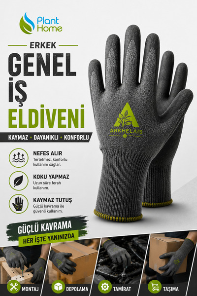 plant-home Erkek Bahçe Eldiveni Lateks Kaplamalı Kaymaz Genel İş Eldiveni Nef...