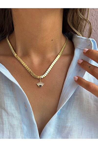 Tuysa Jewelry Gold Kibrit Zincir Taşlı Göz Charm Kolye