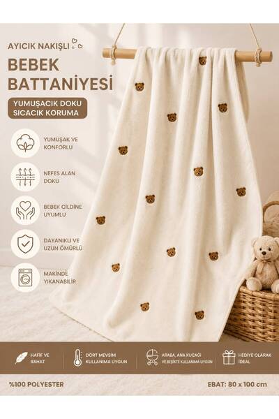 LİRONA Ayıcık Nakışlı Pelüş Bebek Battaniyesi 90x100 – Yumuşak Dokulu, Sıcacı...