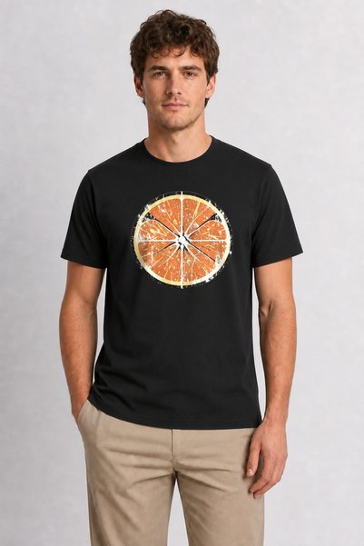 WAKHA Men's Citrus Patterned Graphic Printed T-Shirt - Black