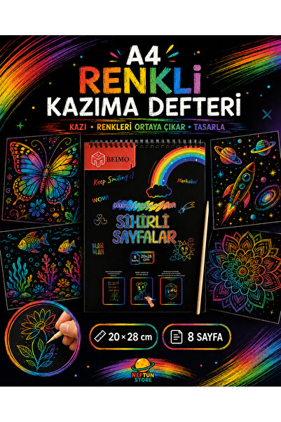 neptünstore A4 Renkli Gökkuşağı Kazıma Defteri 20×28 cm 8 Sayfa – Ahşap Kalemli