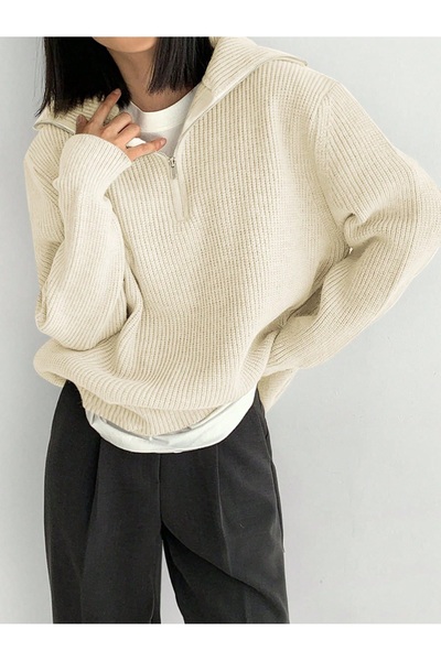 POİNE Women's Turn-Down Collar Oversize Thessaloniki Knit Zippered Basic Knit...