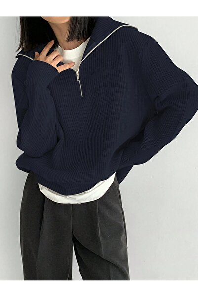 POİNE Women's Turn-Down Collar Oversize Thessaloniki Knit Zippered Basic Knit...