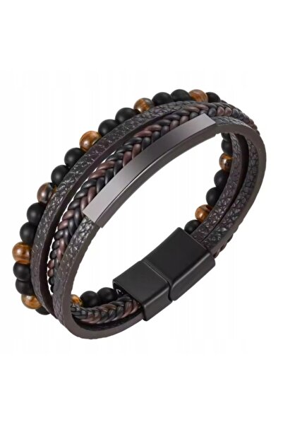 NO BRAND Brățară maro din piele cu placă și pietre Tiger Eye