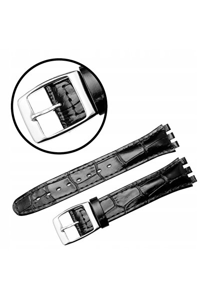 NO BRAND CUREA REDA 17 MM SWATCH CROCODIL curea neagră, cusături negre, lucioasă