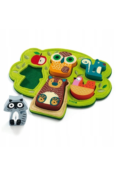 djeco Puzzle din pâslă cu figurine din lemn, copac, Oski, animale de pădure, ...