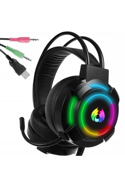 verk group Căști de gaming cu fir, circumaurale, pentru gameri, LED RGB, cu m...
