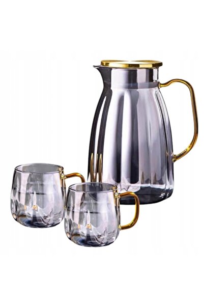 NO BRAND Set - ceainic cu pereți ondulați de 1600ml cu capac + 2 pahare de 350ml