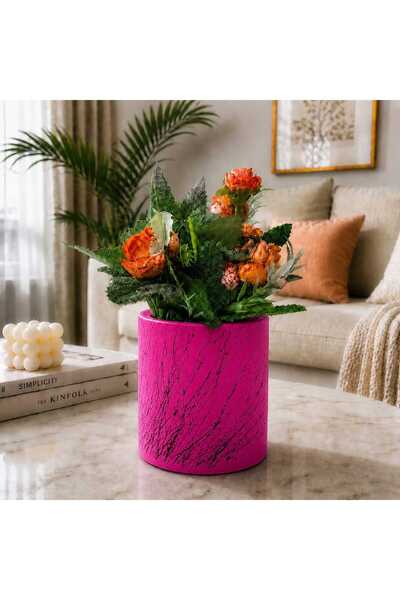 TİRENKDİZAYN Dekoratif silindir saksı fuşya pembe(8*10)