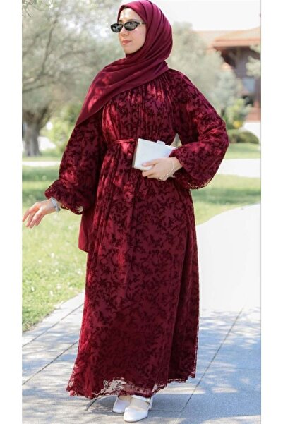 Sahra Vera Bordo LY26 4030 REGLAN KOL FLOK BASKILI ELBİSE