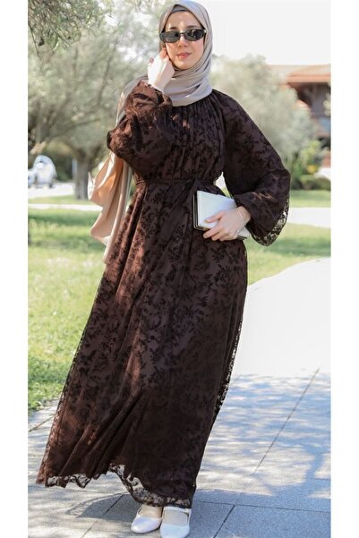 Sahra Vera Acı Kahve LY26 4030 REGLAN KOL FLOK BASKILI ELBİSE
