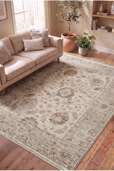 SERENZA HOME LİVİNG Vintage Krem Bordürlü Eskitme Bambu Polyester Pamuk Taban...