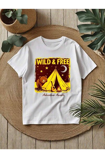 25W تي شيرت بأكمام قصيرة وياقة دائرية مطبوع عليه "Wild & Free" Vintage Campin...