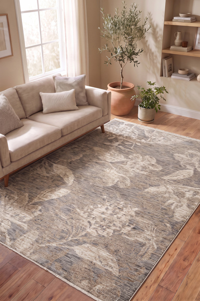 SERENZA HOME LİVİNG Vintage Gri Krem Floral Eskitme Bambu Polyester Pamuk Tab...
