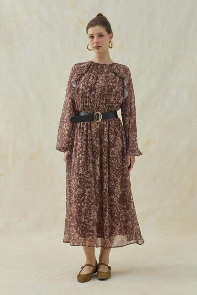 ELBEE Brown belt detailed lined chiffon dress