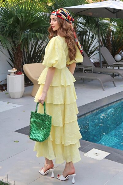 SEREMONİ BUTİK Yellow Balloon Sleeve Detailed Layered Dress