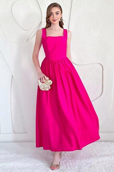 Generic Brand Fuchsia Zippered Thick Strap Linen Dress