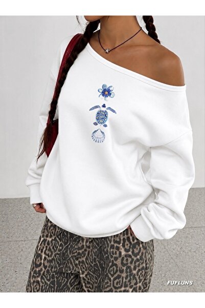 FUFLUNS Cicek Sea Shell Printed Oversized Women's Boat Neck Sweatshirt