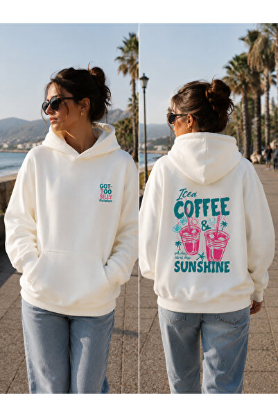 Harmandar Icea Coffee White Kangaroo Pocket Hooded Sweatshirt Hoodie