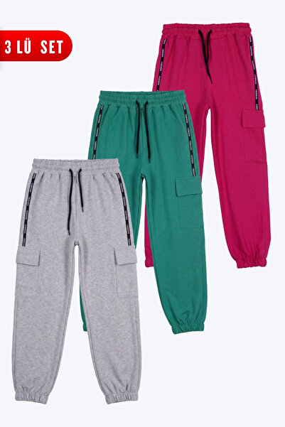 FYK KİDS 3-Piece Girls' Striped Cargo Pocket Sweatpants